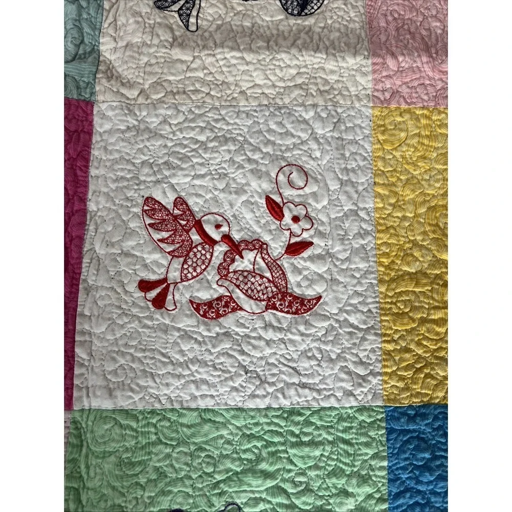 handmade embroidered vintage quilt throw blanket Hummingbirds 53.5